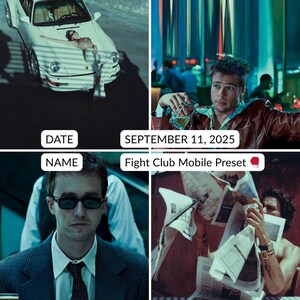 May include: A collage of four images. The top left shows a white sports car with a person reclining on it. The top right shows a person holding a drink. The bottom left shows a person wearing sunglasses. The bottom right shows a person holding newspapers. Text includes "DATE", "SEPTEMBER 11, 2025", "NAME", and "Fight Club Mobile Preset".