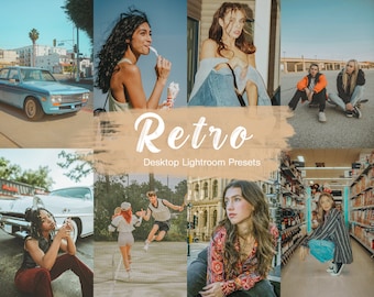May include: A collage of images showcasing a variety of retro-themed photos. The images include a vintage car, a woman wearing a cardigan, a couple playing tennis, a woman sitting in a store, and two people walking down the street. The text "Retro Desktop Lightroom Presets" is displayed in the center of the collage.