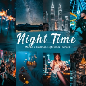 Puede incluir: Una colección de ajustes preestablecidos de Lightroom para dispositivos móviles y de escritorio, diseñados para mejorar las fotos tomadas de noche. Los ajustes preestablecidos presentan una variedad de paletas de colores y efectos, incluidos tonos azules, morados y rosados. Los ajustes preestablecidos son perfectos para crear un aspecto melancólico y atmosférico para tus fotos.
