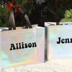 Retro Holographic Tote Gift Bag Personalized / 70s 80s Disco Style Bachelorette Bridal Party Custom Gift Bags / Iridescent Gift Bags w Names