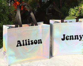 Retro Holographic Tote Gift Bag Personalized / 70s 80s Disco Style Bachelorette Bridal Party Custom Gift Bags / Iridescent Gift Bags w Names