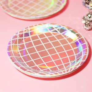 Disco Ball Design Iridescent Paper Party Plates 20 Pack / Silver Holo Retro Bachelorette Birthday Party Décor / Groovy Disco 9in Plates