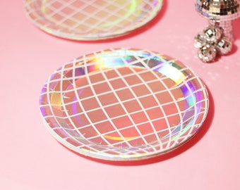 Disco Ball Design Iridescent Paper Party Plates 20 Pack / Silver Holo Retro Bachelorette Birthday Party Décor / Groovy Disco 9in Plates