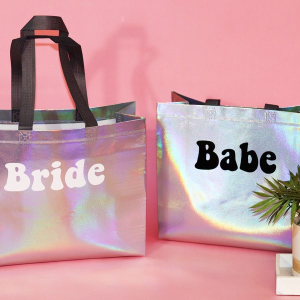 Retro Holographic Tote Gift Bags Personalized / 70s 80s Disco Grey Handled Bachelorette Party Custom Gift Bags  / Iridescent Bags w Names