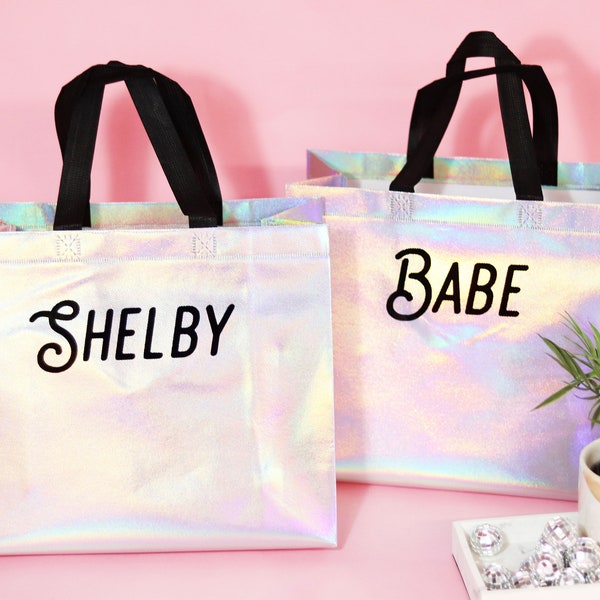 Retro Iridescent Tote Gift Bags Personalized / 70s 80s Disco Style Custom Party Gift Bags - Black Handles  / Holographic Gift Bags w Names