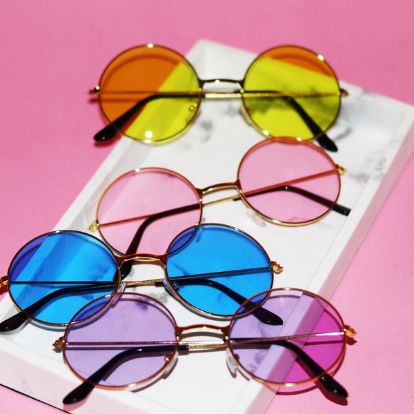 Circular Lens Sunglasses Color Tinted / Lennon Style Vintage Shades / Cosplay Tea Shades Pink Yellow Blue Purple Tinted Lenses Hippie Style