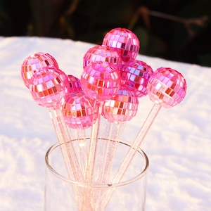Stylish Pink Disco Ball Drink Stirrers 6 Pack - Cocktail Party Bachelorette 21st Birthday Decor / Groovy Pink Swizzle Sticks Last Disco