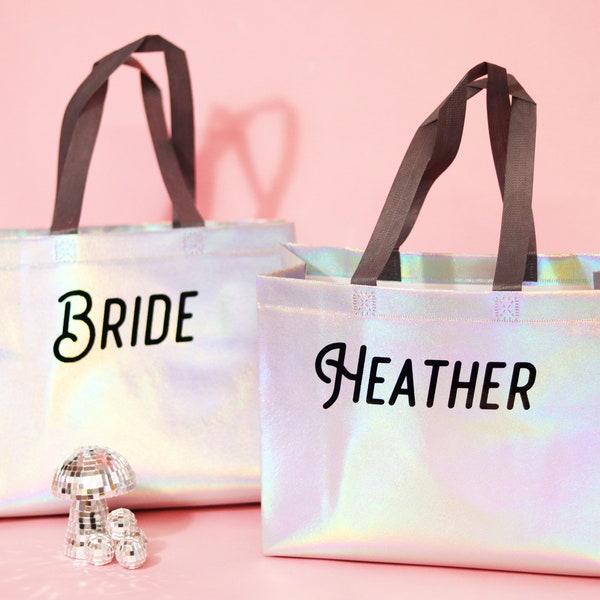 Personalized Iridescent Tote Gift Bags / Retro 70s 80s Disco Bachelorette Bridal Party Tote Bags Grey Handles / Holo Party Gift Bags w Names