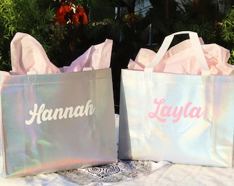 Retro Holographic Tote Bags - Personalized Bridesmaid Gifts / Last Disco Girls Beach Trip Custom Gift Bag Totes / Bridal Party Cute Bags