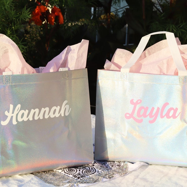 Retro Holographic Tote Bags - Personalized Bridesmaid Gifts / Last Disco Girls Beach Trip Custom Gift Bag Totes / Bridal Party Cute Bags