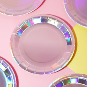 Fancy Iridescent Party Paper Plates - 20 Pack / Chrome Rainbow 9 Inch Party Supplies / Bachelorette Birthday Holographic Disposable Plates