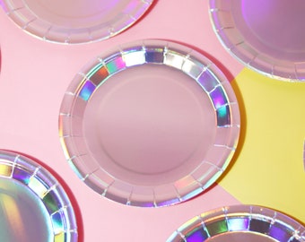 Fancy Iridescent Party Paper Plates - 20 Pack / Chrome Rainbow 9 Inch Party Supplies / Bachelorette Birthday Holographic Disposable Plates