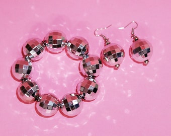 Quality Disco Ball Earrings & Bracelet Sets / Last Disco Retro Party Accessory Gift Favors / Adorable Disco Mirror Ball Bracelet Earrings