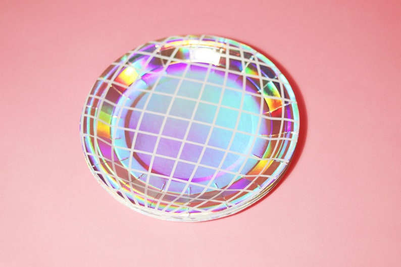 Disco Ball Design Iridescent Paper Party Plates 20 Pack / Silver Holo Retro Bachelorette Birthday Party Décor / Groovy Disco 9in Plates image 7