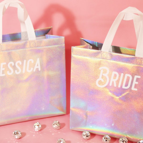 Retro Y2K Party Favor Gift Bags Personalized / Last Disco 70s 80s Fancy Bachelorette Bridal Custom Iridescent Tote Bags /  Gift Bags w Names