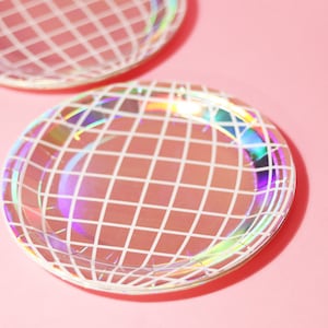 Disco Ball Design Iridescent Paper Party Plates 20 Pack / Silver Holo Retro Bachelorette Birthday Party Décor / Groovy Disco 9in Plates image 8