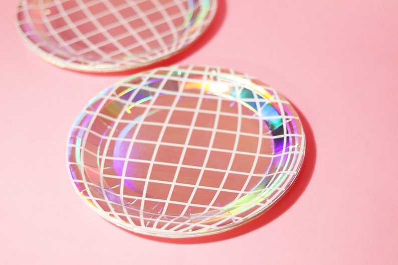 Disco Ball Design Iridescent Paper Party Plates 20 Pack / Silver Holo Retro Bachelorette Birthday Party Décor / Groovy Disco 9in Plates image 8