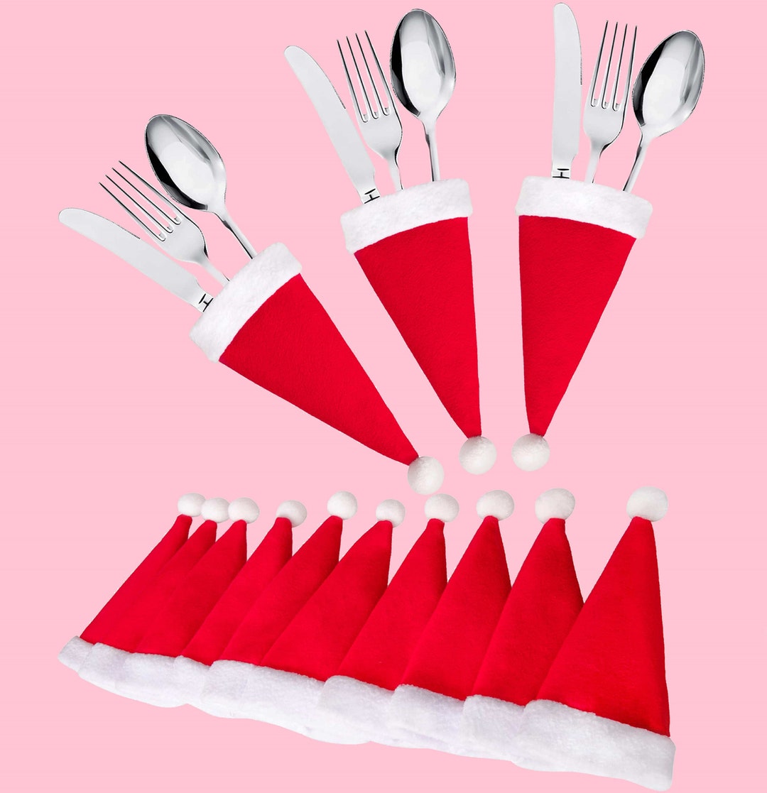 Santa Hat Utensil Holders 10 Pack / Christmas Party Decorations / Cute Holiday Party Silverware