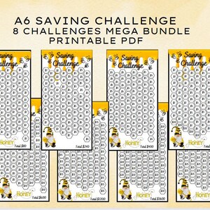 Puede incluir: Paquete mega A6 Saving Challenge imprimible en PDF. La imagen muestra múltiples gráficos de desafíos de ahorro con un diseño de panal. Cada gráfico tiene una cantidad total de ahorro diferente, que oscila entre 80 € y 2000 €. Los gráficos presentan abejas y gnomos.