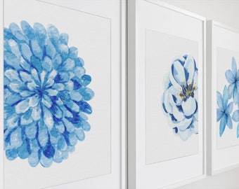 Three blue flower image, wall art, decor print for wall, watercolor blue flower art, digital download