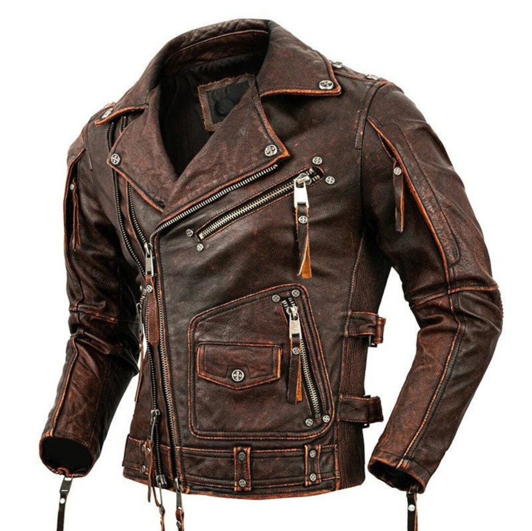 Vintage Motorcycle Cowhide Genuine Leather Jacket Men Cafe - Etsy