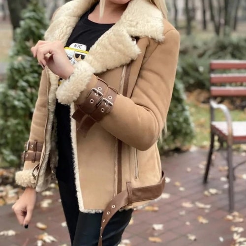 Women Shearling Coat, Shearling Fur Jacket Winter Bomber Jacket, Aviator Shearling B3 RAF Fur Coat, shops Sherpa Real Fur Shearling Leather Jacket