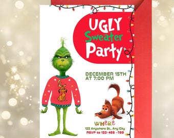Grinch Ugly Sweater Party Invite | Christmas Editable Canva Template | Funny Holiday Digital Download