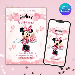 Invitación de cumpleaños editable de Minnie Mouse / Plantilla de fiesta de niña rosa / Invitación digital de cumpleaños / Descarga de Canva animada e imprimible
