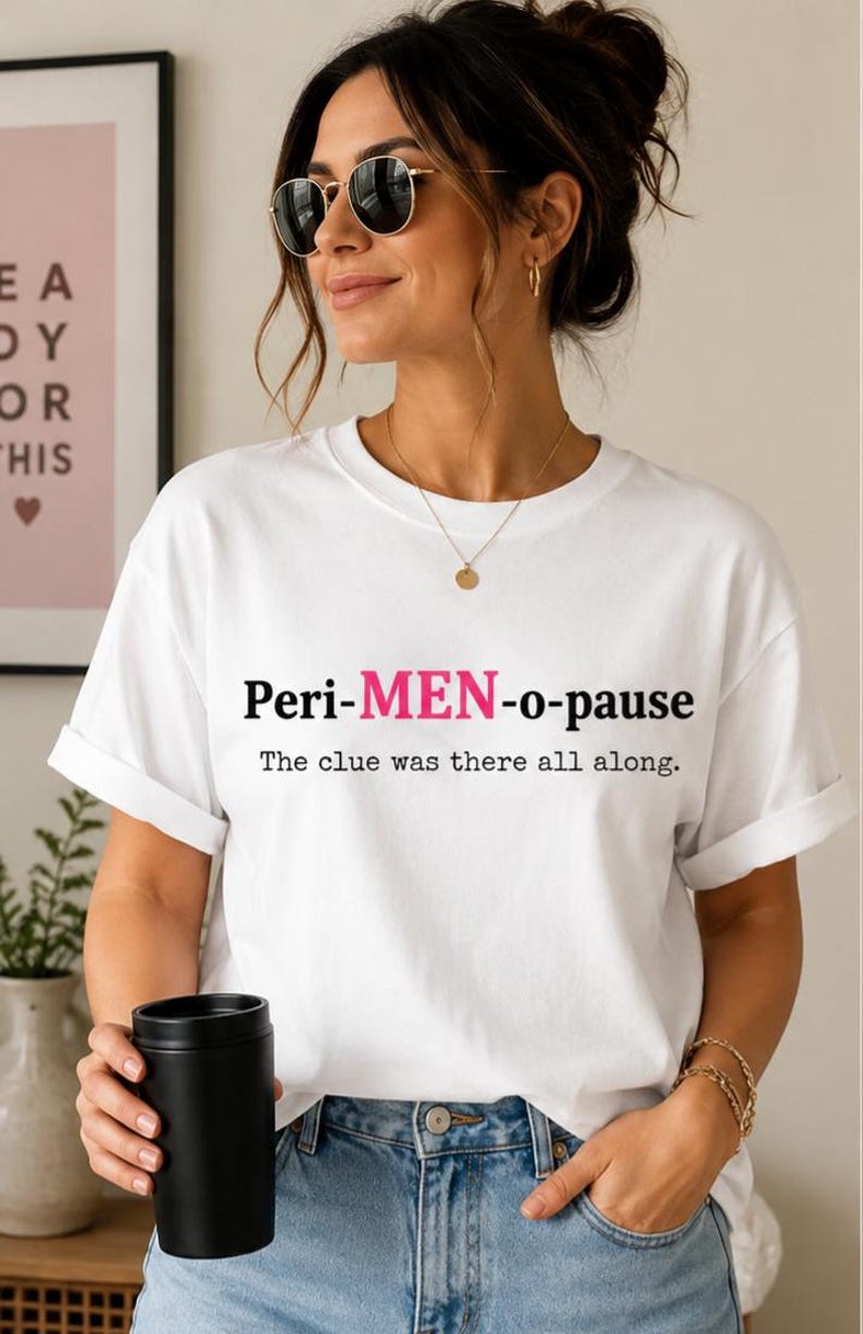 Lifestyle mockup of a woman smiling while wearing a humorous perimenopause slogan T-shirt in a casual everyday outfit.