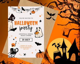 May include: A white Halloween party invitation card featuring orange and black illustrations of ghosts, pumpkins, bats, and a skull in a mug. The text reads: You're invited to Halloween party, Cocktails, dance, music & more, 31 Oct, start at 14:00.