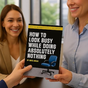 May include: A book with the title "HOW TO LOOK BUSY WHILE DOING ABSOLUTELY NOTHING" by Anita Dreak. The cover is black with white text and a blue office chair graphic. The book is being held by a person.