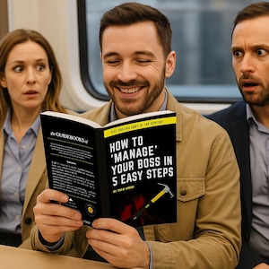 May include: A man reads a book with the title "How to 'Manage' Your Boss in 5 Easy Steps." The book has a black cover with yellow text and a hammer graphic. Two other people are looking on with expressions of surprise.