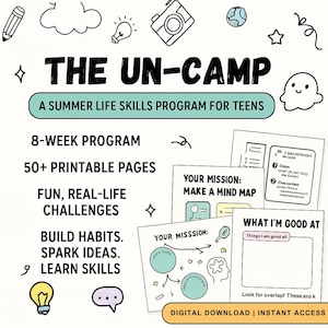 Op de afbeelding: Digitale download getiteld "THE UN-CAMP: A SUMMER LIFE SKILLS PROGRAM FOR TEENS." De afbeelding toont afdrukbare pagina's, waaronder mindmaps en zelfevaluatie werkbladen. Het programma is een 8-weekse programma met meer dan 50 pagina's.