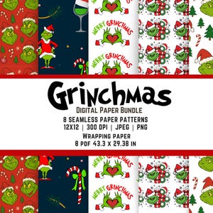 Grinch Christmas Wrapping Paper | 8 Seamless Digital Patterns | Printable PNG & PDF