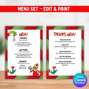 May include: A festive menu set with a red and green theme, featuring a "Menu" and a "Drinks Menu". The menus include starters, main dishes, desserts, and drink options. The design incorporates Grinch-themed illustrations and text, perfect for holiday events.