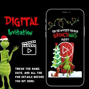 Zaproszenie na Grinchmas w wersji cyfrowej | Edytowalne Do druku | Spersonalizowane | Możliwość dostosowania Zaproszenie na Grincha | Zaproszenie na imprezę Świąteczny Grinch z piosenką przewodnią