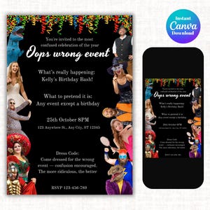 Oups mauvaise invitation à une fête d'anniversaire | Modèle de toile | Invitation d'anniversaire de mélange de costume drôle | Imprimable ou numérique en téléchargement A5