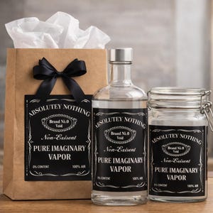 May include: A gift set comprising a clear glass bottle and jar, both labelled "ABSOLUTEY NOTHING PURE IMAGINARY VAPOR." The set includes a brown paper gift bag with a black bow and tissue paper. The labels are black with white text.