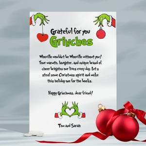 Grateful for You Grinches Christmas Party Welcome Note, Grinch Christmas Seating Card Note, Decorazione modificabile per l'impostazione del posto a sedere per le feste, canva