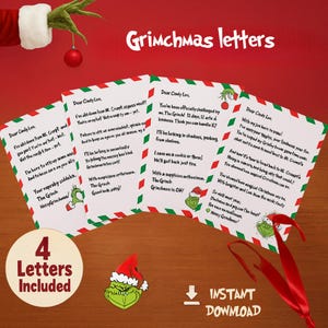 Cartas de Navidad editables para niños • 4 divertidas notas navideñas de El Grinch • Plantilla Canva • Descarga instantánea imprimible