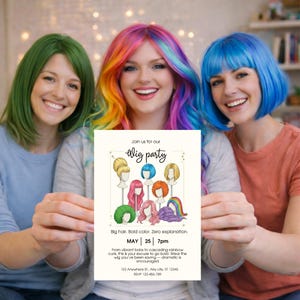 May include: Three smiling people with vibrant wigs of green, rainbow, and blue hold a flyer. The flyer reads "Wig party" with illustrations of wigs and the date "MAY 25 7pm". The text encourages bold wig choices.