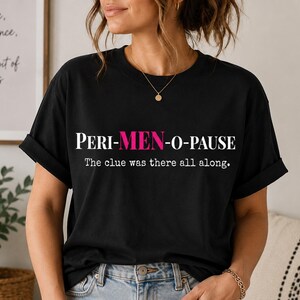 Modern graphic T-shirt featuring a witty perimenopause design shown on a relaxed lifestyle model indoors