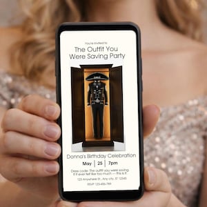 May include: A smartphone displays an invitation for "The Outfit You Were Saving Party." The invitation features a black charro outfit in a display case. The invitation includes the date, time, and dress code.