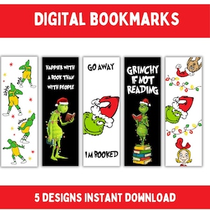 Puede incluir: Conjunto de cinco marcapáginas digitales con diseños del Grinch. Cada marcapáginas tiene una cita diferente, como "Go Away" y "Grinchy if not reading". Los marcapáginas son verticales y tienen una pancarta roja y blanca en la parte superior que dice "DIGITAL BOOKMARKS".