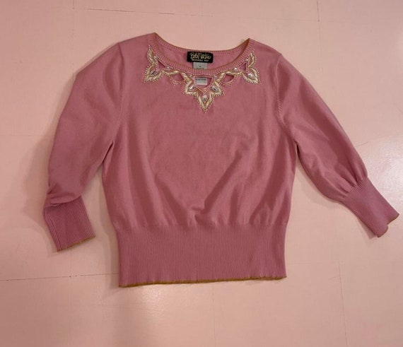 vintage 80s bubblegum pink sweater with bead and … - image 4