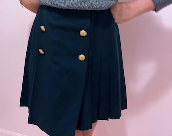 vintage 90s dark green pleated mini skirt with gold button detail