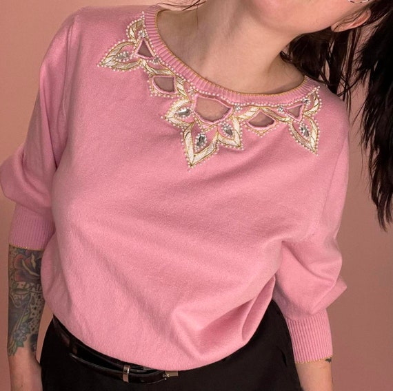 vintage 80s bubblegum pink sweater with bead and … - image 1