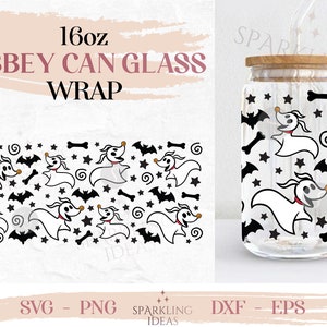 May include: A digital design for a 16oz Libbey can glass wrap featuring a repeating pattern of a white ghost dog with black eyes and a red nose, bats, stars, and bones. The design is in black and white with red accents. The text "16oz Libbey Can Glass Wrap" is at the top of the image. The text "SVG - PNG - DFX - EPS" is at the bottom of the image.