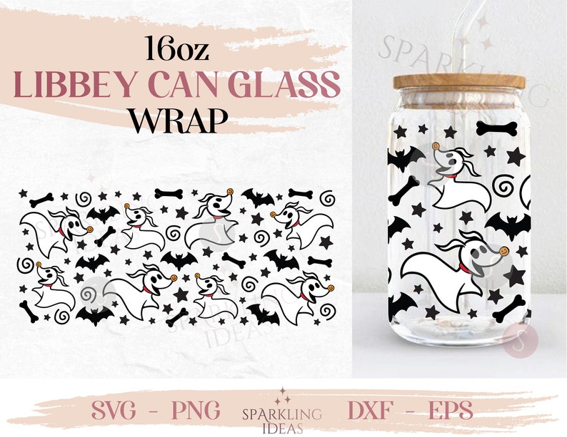 May include: A digital design for a 16oz Libbey can glass wrap featuring a repeating pattern of a white ghost dog with black eyes and a red nose, bats, stars, and bones. The design is in black and white with red accents. The text "16oz Libbey Can Glass Wrap" is at the top of the image. The text "SVG - PNG - DFX - EPS" is at the bottom of the image.