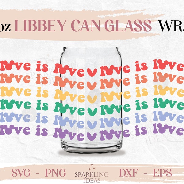 Love is Love Libbey Can Glass SVG, Wavy Letters Cup Wrap, LGBT Mouse Ears Svg, LGBT Pride Month Svg